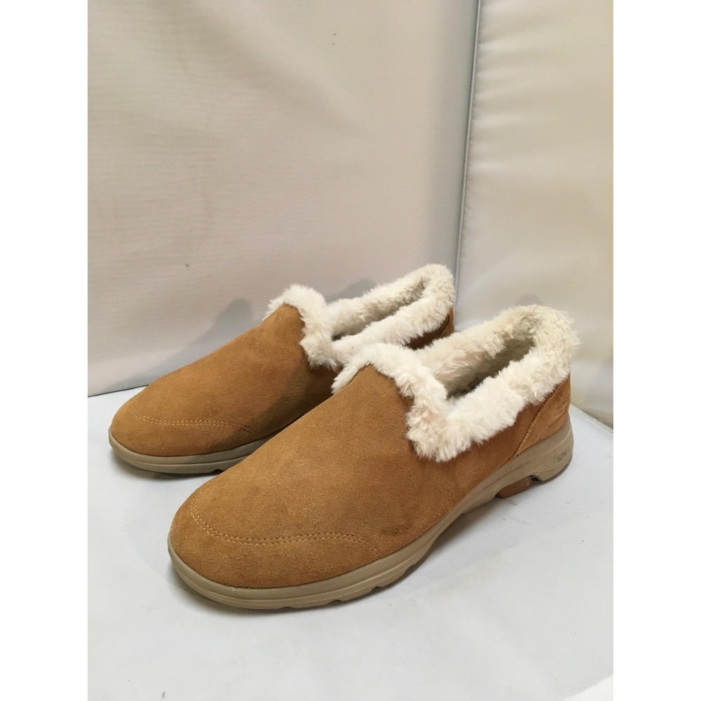 Skechers GoWalk Joy Loafers Womens 9.5 Tan Suede Faux Fur Lined Slip On Shoes